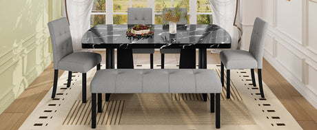 6 Piece Modern Dining Table Set, 63' Faux Marble Dining Table with Geometric Legs & 4 Upholstered Chairs & 1 Bench, Suitable for Dining Kitchen Room,Easy to Assemble, Black + Gray - sold by Home Elegance USA