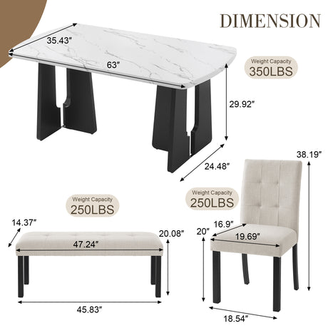 6 Piece Modern Dining Table Set, 63' Faux Marble Dining Table with Geometric Legs & 4 Upholstered Chairs & 1 Bench, Suitable for Dining Kitchen Room,Easy to Assemble, Beige + White - sold by Home Elegance USA