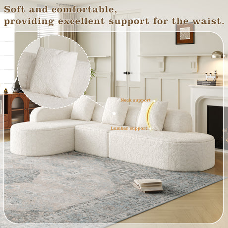 111.8-inch L-shaped curved modular sofa, modern design featuring lychee-textured long-pile polyester fabric, curved backrest with three pillows - sold by Home Elegance USA