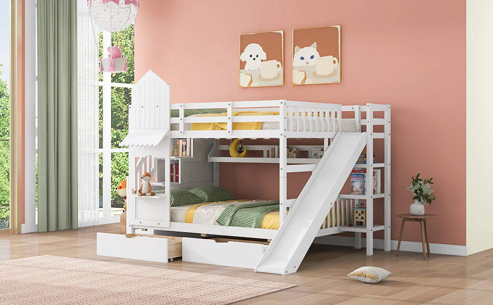 Full-Over-Full Castle Style Bunk Bed with 2 Drawers 3 Shelves and Slide - White - Home Elegance USA