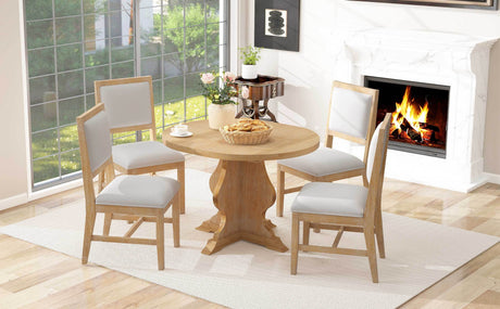 TREXM Farmhouse 5-Piece Dining Table Set with 4 Upholstered Chairs, Wood Extendable Dining Table with 15.7' Leaf for Extra Seating for Dining Room, Kitchen and Living Room (Natural Wood Wash) - sold by Home Elegance USA