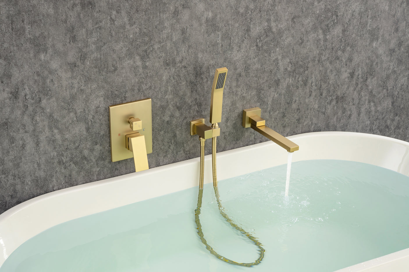 Waterfall Wall Mounted Bathtub Faucet with Hand Shower Swivel Tub Filler Faucet Single Handle Solid Brass