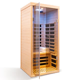 Sauna de lujo interior de infrarrojos lejanos con bajo EMF, puertas dobles de madera de cicuta y vidrio.