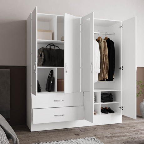 Gangi 160 Armoire, 4-door wardrobe , Two Mirrors, Metal Hardware, Two Drawers, Rod, Ten Shelves, White -Bedroom - sold by Home Elegance USA