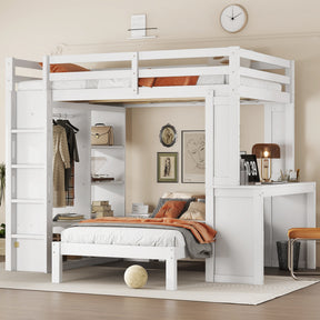 Full XL/Full over Twin Bunk Bed with Dismountable Lower Bed and Desk, Solid Wood Bunk Beds Frame with Built-in Shelves and Wardrobe, Can be Converted into Loft Bed, White