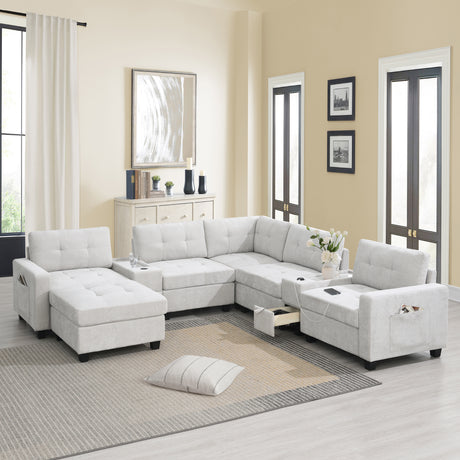 Chenille U Shaped Sectional Sofa with Acrylic Table Top, USB Charger, Storage Drawers, Pockets and Movable Ottoman - sold by Home Elegance USA