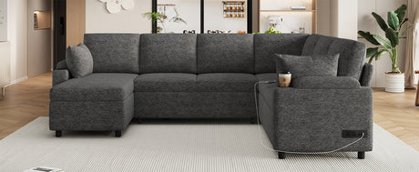 Versatile U-Shaped Sectional Sofa Bed with Storage, Cup Holders, Charging Ports in Grey Chenille - sold by Home Elegance USA