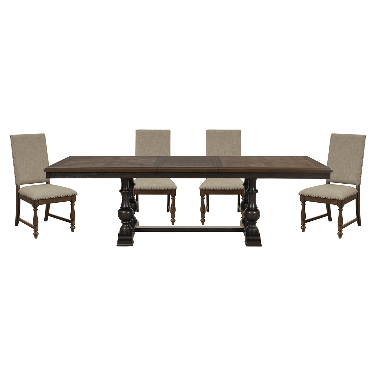 Traditional 5pc Dining Set Table with Extension Leaf and 4 Side Chairs Beige Fabric Upholstered Nailhead Trim Brown Classic Dining Room Furniture