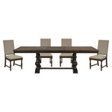 Traditional 5pc Dining Set Table with Extension Leaf and 4 Side Chairs Beige Fabric Upholstered Nailhead Trim Brown Classic Dining Room Furniture