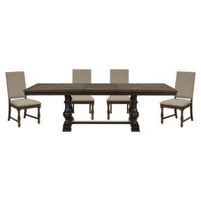 Traditional 5pc Dining Set Table with Extension Leaf and 4 Side Chairs Beige Fabric Upholstered Nailhead Trim Brown Classic Dining Room Furniture - sold by Home Elegance USA