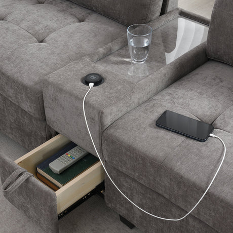 Modern Chenille U-Shaped Sectional Sofa with Acrylic Table Top, USB Charger, Storage Drawers, and Movable Ottoman in Gray - sold by Home Elegance USA