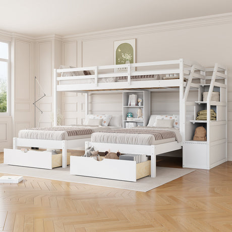 Twin over Twin&Twin Bunk Bed, Triple Bunk Bed with Drawers, Staircase with Storage, Built-in Shelves, White - sold by Home Elegance USA