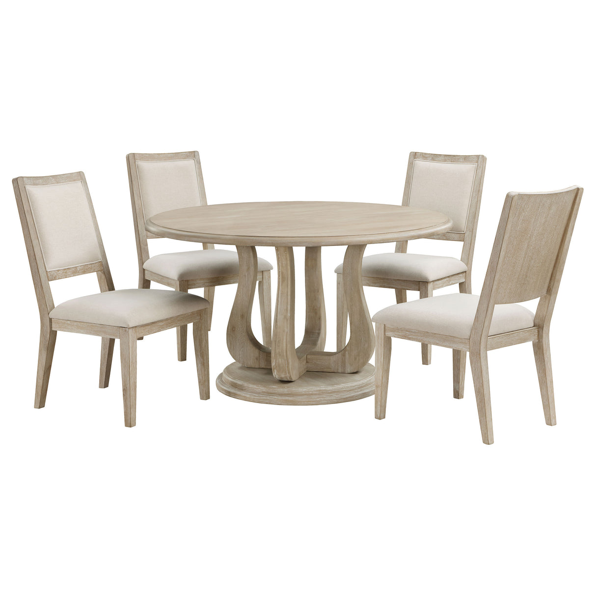 Rodota White Washed 5-Piece Round Dining Table Set with Beige Upholstered Chairs, Wood and Fabric Construction