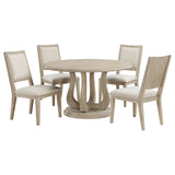 Rodota White Washed 5-Piece Round Dining Table Set with Beige Upholstered Chairs, Wood and Fabric Construction