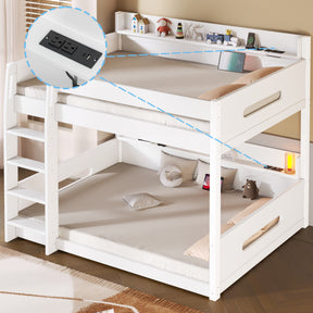 Queen over Queen Bunk Bed with Storage Shelves and USB Ports, White