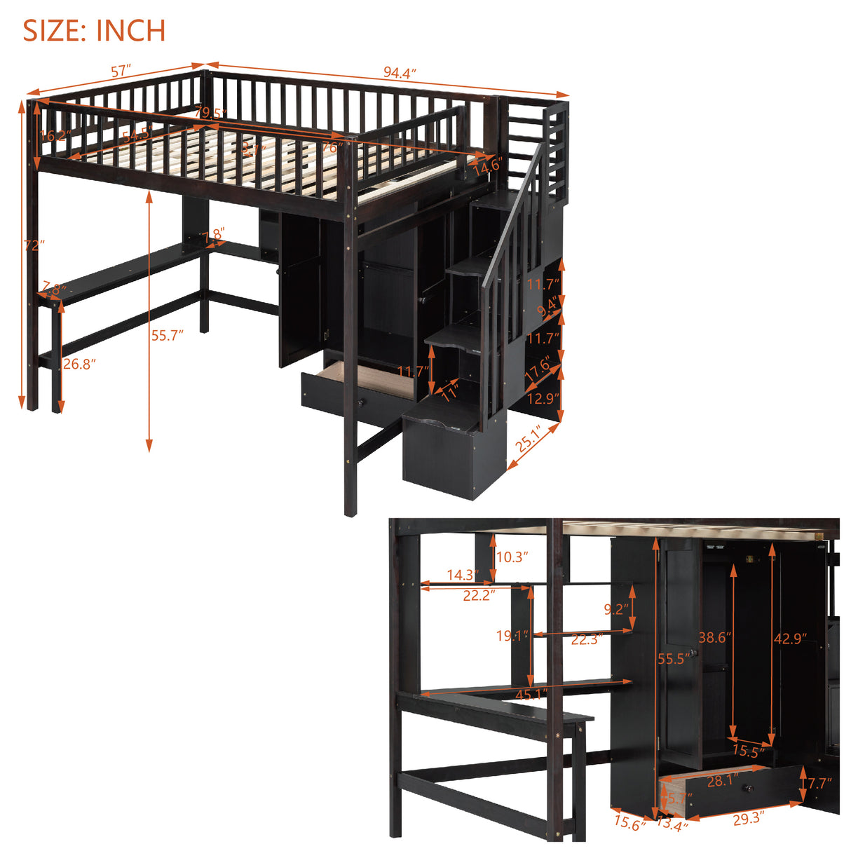 Full size Loft Bed with Bookshelf,Drawers,Desk,and Wardrobe-Espresso - Home Elegance USA