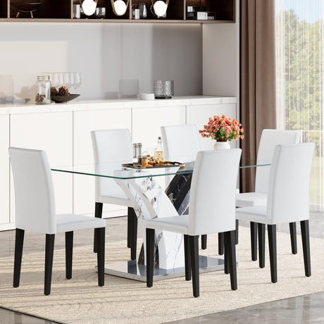 Table and chair set.Modern dining table, tempered glass countertop, and artistic MDF legs.Paried With 6 White PU dining chairs, simple and versatile, comfortable and accompanied. - sold by Home Elegance USA