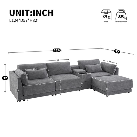 124'' L-Shaped Sectional Sofa with Multi-Functional Storage Console, Wired&Wireless Charger, Movable Ottoman, Wider&Thicker Cushion, Free Combination for Living Room&Apartment, Chenille - sold by Home Elegance USA