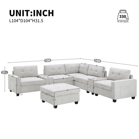 Chenille U Shaped Sectional Sofa with Acrylic Table Top, USB Charger, Storage Drawers, Pockets and Movable Ottoman - sold by Home Elegance USA
