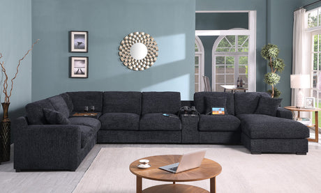 Chiara 141.5'W Dark Gray Chenille Fabric Corner Sectional Sofa with Right-Facing Chaise, Cupholders, and Charging Ports - sold by Home Elegance USA