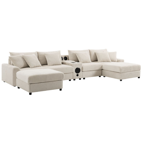 141.5*64'' Corduroy Sectional Sofa with Bluetooth Speakers, U-Shaped Couch with Console, USB Charger, Cup Holders, Storage, Ottoman, Deep and Wide Seat Cloud Sofa for Living Room&Apartment - sold by Home Elegance USA