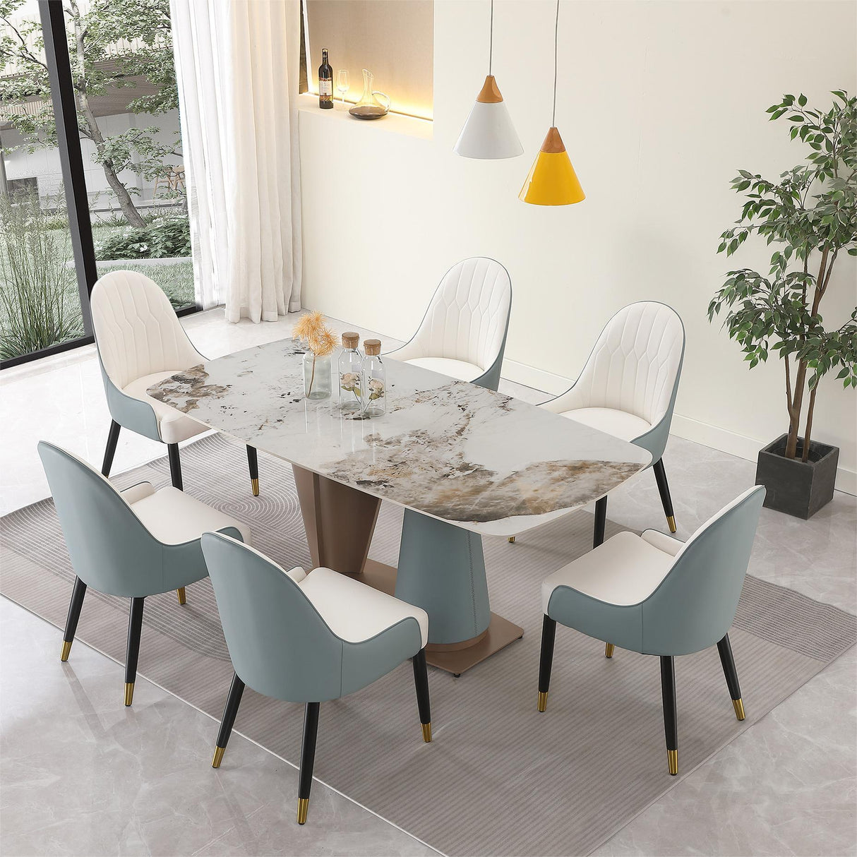 71" Pandora color sintered stone dining table with 6 pcs Chairs | Home Elegance USA