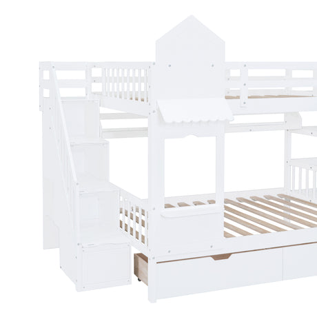 Full-Over-Full Castle Style Bunk Bed with 2 Drawers 3 Shelves and Slide - White(OLD SKU:LT000558AAK-2) - sold by Home Elegance USA