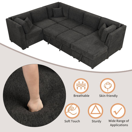 U-shaped Sectional Sofa Pull Out Bed with USB Ports, Power Sockets, Back Pillows & Storage Chaise, Black Chenille, 108.6' - sold by Home Elegance USA