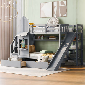 Twin-Over-Twin Castle Style Bunk Bed with 2 Drawers 3 Shelves and Slide - Gray(OLD SKU:LT000559AAE-1)
