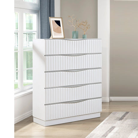 Luxurious Pearl White Finish Chest of Five Drawers Textured Panel Sleek Handles Glam Bedroom Furniture 1pc Vertical Dresser