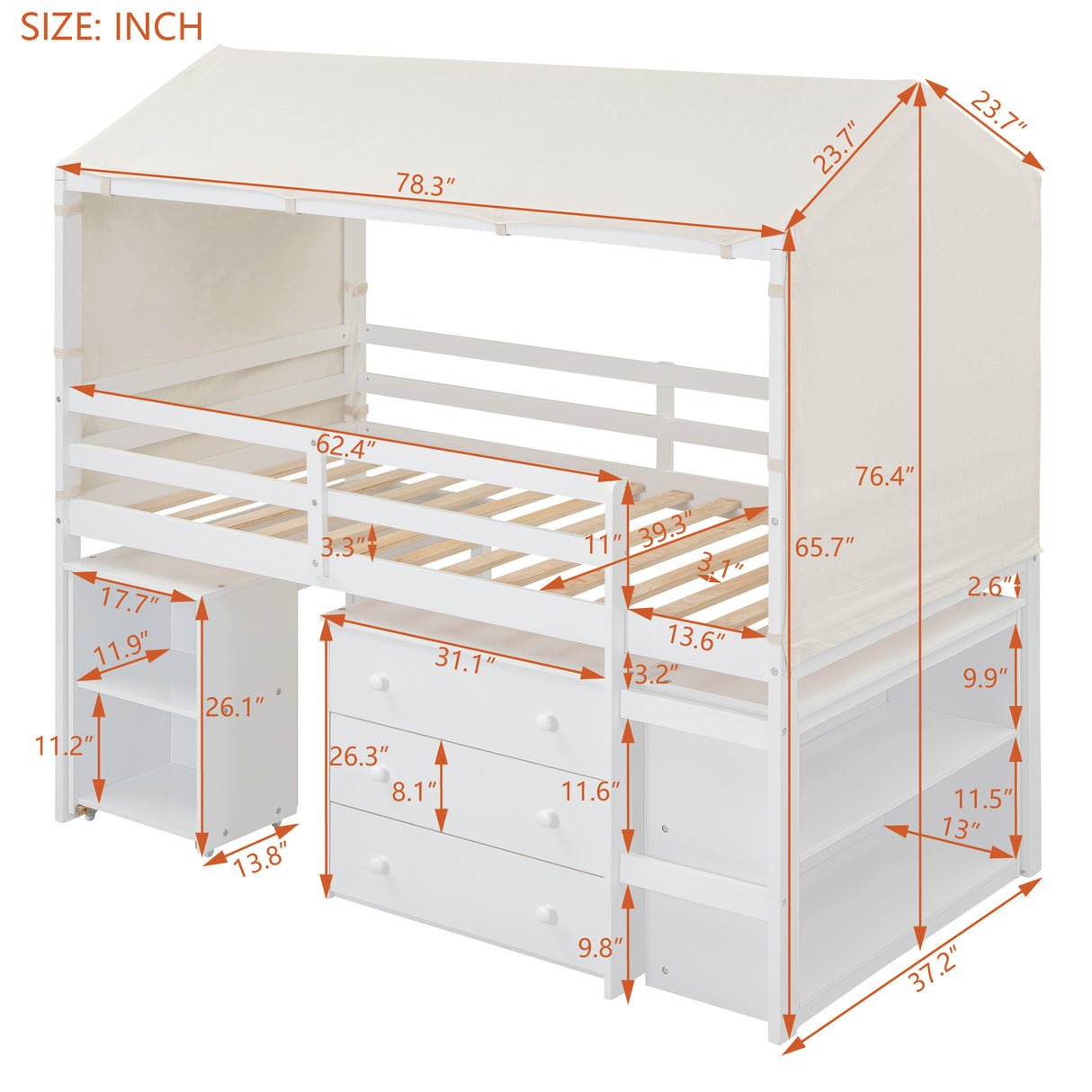 Twin Size Loft Bed with Rolling Cabinet, Shelf and Tent - White - Home Elegance USA