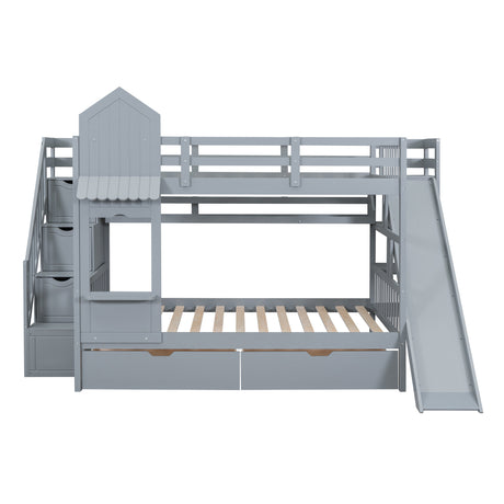 Full-Over-Full Castle Style Bunk Bed with 2 Drawers 3 Shelves and Slide - Gray(OLD SKU:LT000558AAE-2) - sold by Home Elegance USA