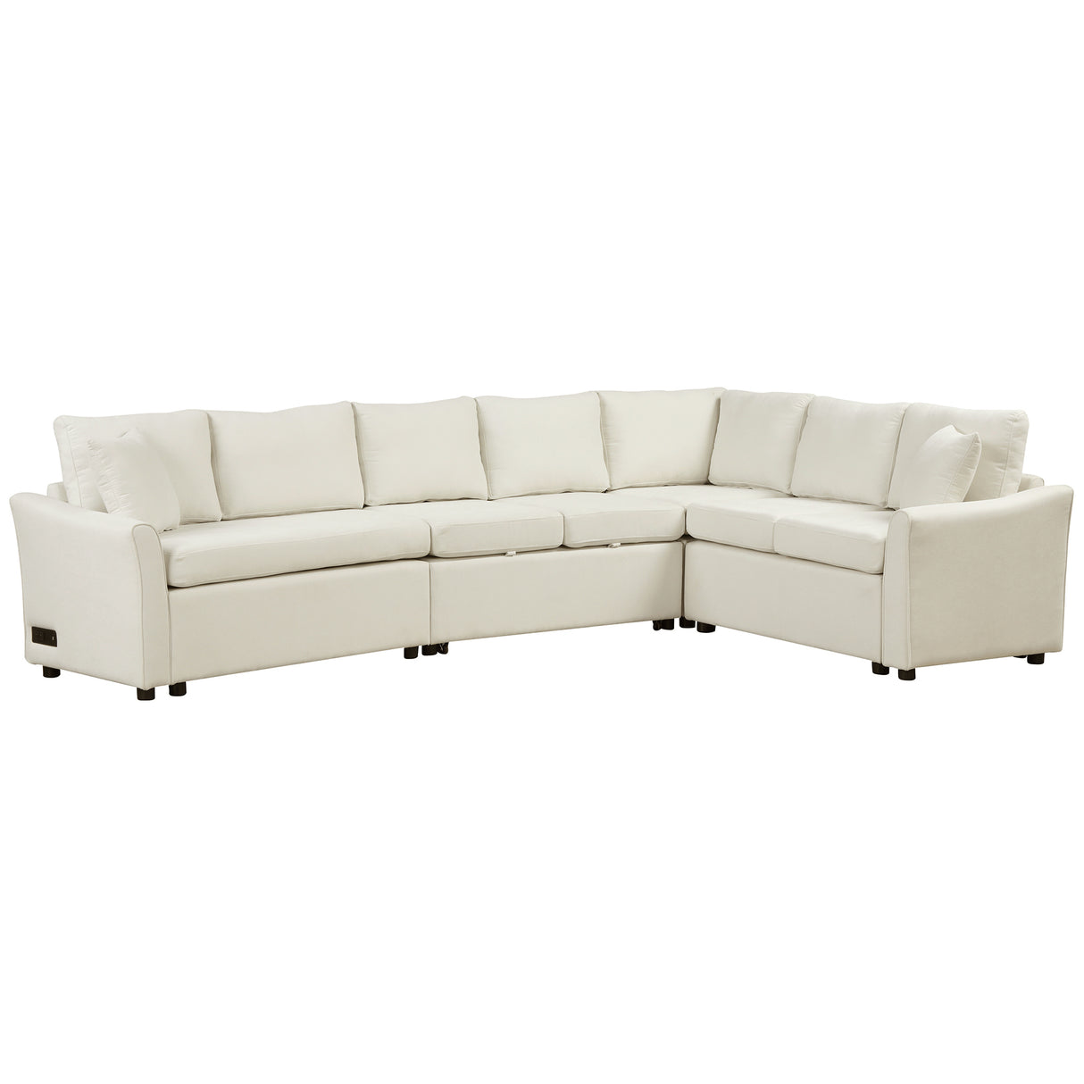 L-shaped Convertible Sofa Bed with USB Ports and Power Sockets, Beige Chenille Fabric, 124.8' Length
