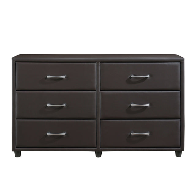 Contemporary Design Bedroom 1pc Dresser of 6 Drawers Faux Leather Upholstery, Dark Brown Furniture