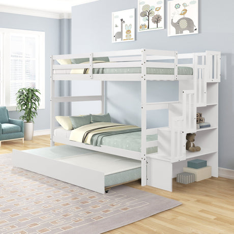 Bunk Beds Twin over Twin Stairway Storage function White color | Home Elegance USA