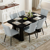 Table and chair set.64.5 x 35.4 Inch Stylish Black Wood Color Textured Dining Table.Paired with 6 Light Gray PU chairs with a vertical stripe design on the backrest and black metal legs.