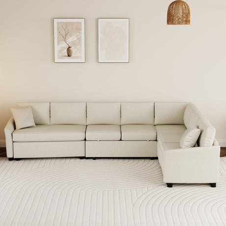 L-shaped Convertible Sofa Bed with USB Ports and Power Sockets, Beige Chenille Fabric, 124.8' Length - sold by Home Elegance USA