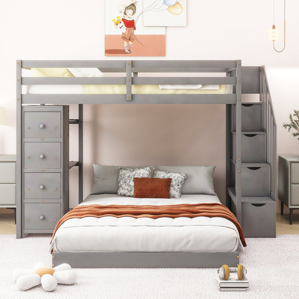 Twin Over Full Bunk Bed with 3-layer Shelves, Drawers and Storage Stairs, Gray - Home Elegance USA