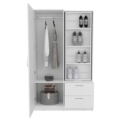 Seville 71' High Mirror Armoire, One Door Cabinet, Two Drawers , Hanging Rod, Rotating Mirror And Shoe Rack, Two Shelves White - sold by Home Elegance USA