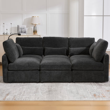 Modern Modular Sofa 85.4' U-shaped Sofa Bed with Movable Ottoman, USB Ports, Phone Holder, Black Chenille - sold by Home Elegance USA