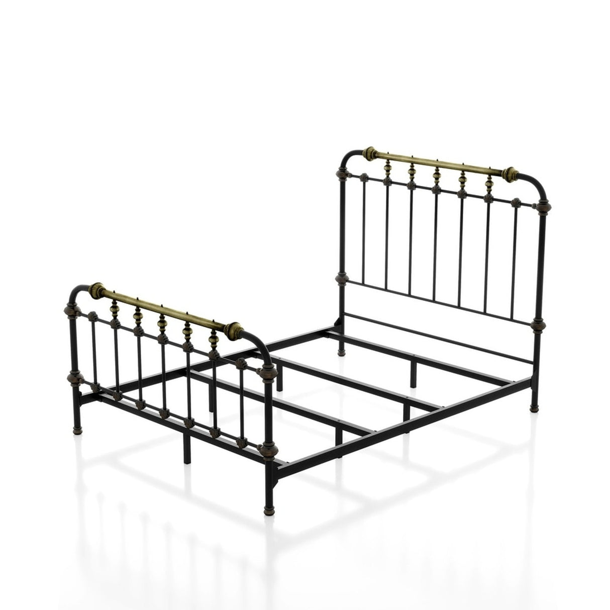Transitional Style Antique Black King Size Bed with Hand-brushed Antique Gold Accents Metal Frame, 85.6L x 80.5W x 54.8H inches