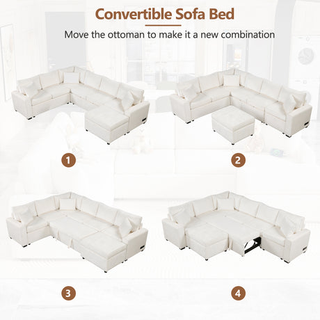Cream Tweed Chenille Sectional Sofa with Pull-out Bed and Storage Ottoman, 112.2' for Living Room - sold by Home Elegance USA