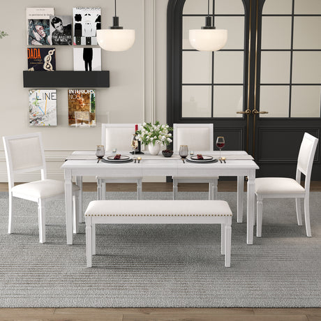 TREXM Vintage Extendable Dining Table Set for 6 with 4 Chairs & Bench, 59 to 72-Inch Rustic Farmhouse Kitchen Table Set with Distressed Finish and Retro Carved Legs (Washed White) - sold by Home Elegance USA