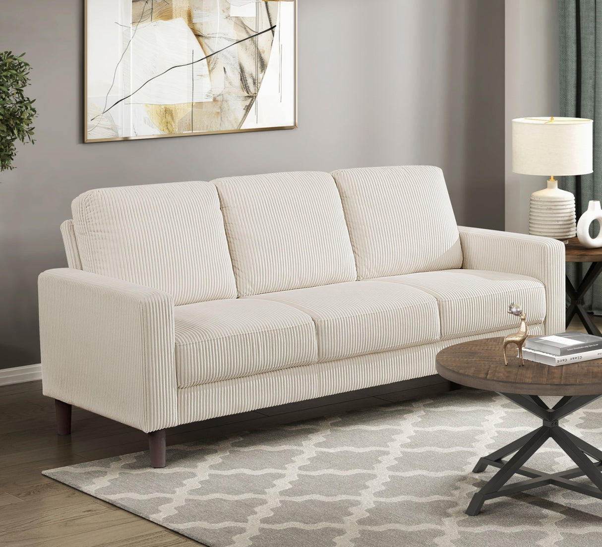 Modern Contemporary Beige Corduroy Upholstered Sofa Comfortable Cushion Solid Wood Living Room Furniture 1pc
