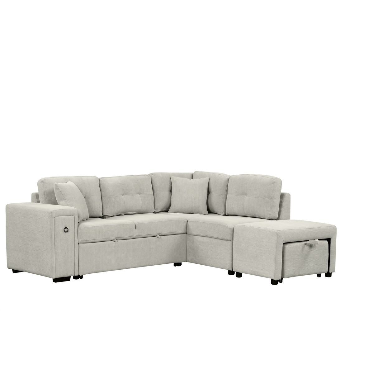 L-shaped Sectional Sofa with Pull-out Bed, Movable Ottoman, USB Ports, Cup Holders, Gray Chenille, 86.6'