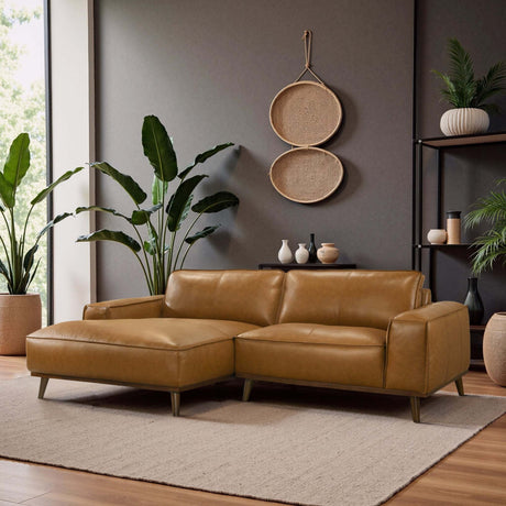Kerrville Tan Leather Left Sectional Sofa with Mid-Century Modern Design, Genuine Leather Upholstery, Walnut-Finished Wood Legs, 98-Inch L-Shaped Layout - sold by Home Elegance USA