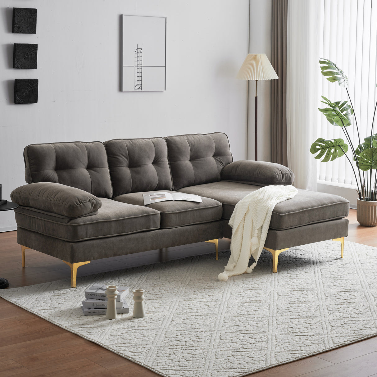 Velvet L-Shaped Sectional Sofa: Luxurious 83" Modern Design for Living Room & Bedroom Décor | Brown Comfort and Style - Home Elegance USA