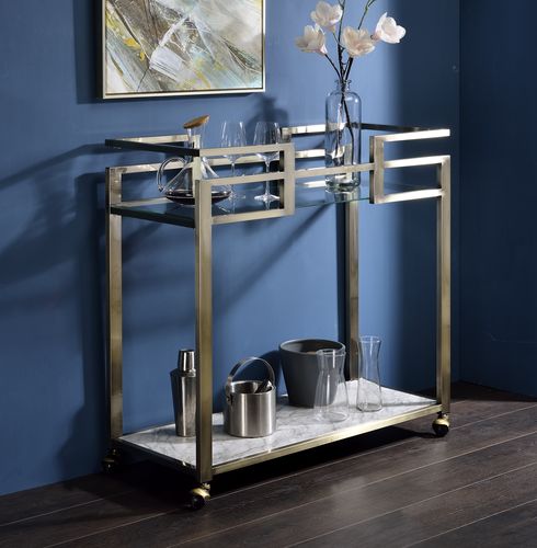 Acme - Neilo Serving Cart AC00159 Clear Glass, Faux Marble Top & Wire Brass Finish