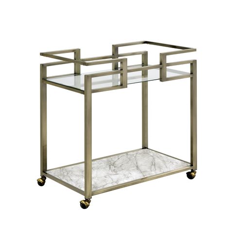 Acme - Neilo Serving Cart AC00159 Clear Glass, Faux Marble Top & Wire Brass Finish