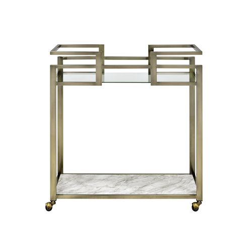 Acme - Neilo Serving Cart AC00159 Clear Glass, Faux Marble Top & Wire Brass Finish